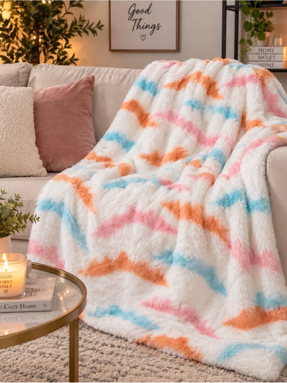 Artisan Plush Chevron Throw Blanket in White, Pink, Blue & Orange